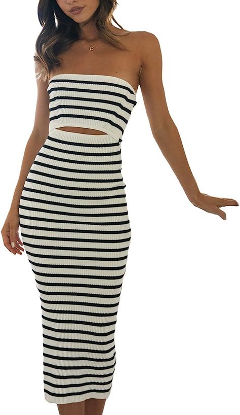 NUFIWI Women Summer Strapless Knitted Long Dress Off Shoulder Striped Cutout Midi Dress Bodycon Backless Beach Sun Dress Crochet Long Dress, Crochet Long Dresses, Cut Out Maxi Dress, Long Knitted Dress, Bodycon Maxi Dresses, Tube Dress, Evening Attire, Midi Dress Bodycon, Beach Dresses