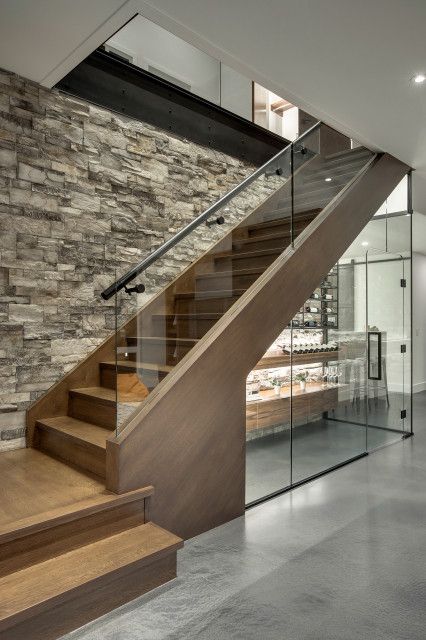 Modern Bar - Contemporary - Wine Cellar - Calgary - by Lindsay O. Creative | Houzz Staircase Wine Cellar, Walnut Stairs, Under Stairs Wine Cellar, Contemporary Wine Cellar, Wine Room Design, Custom Wine Room, Farmhouse Home Design, Glass Wine Cellar, Scandinavian Farmhouse