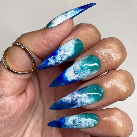 Medium Stilleto Nails, Ocean Nail Art, Ocean Nail, Nautical Nails, Wave Nails, Water Nails, Press On, Galaxy Nails, Mermaid Nails