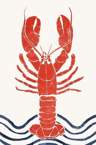 size: 18x12in Art Print: Lobster by Yuyu Pont : Lobster Artwork, East Coast Aesthetic, Lobster Art, Crab Print, Nautical Art, Fish Print, Illustration Character Design, Cute Crafts, Handmade Pottery