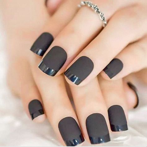 A classic matte black nail with polished, glossy tips. Short Square. Kit Includes: 24 Luxe Nails Nail File/Buffer Cuticle Stick Nail Glue This is a complete in-home option for treating yourself to a salon-quality manicure at a fraction of the price! When used according to instructions, these glue-on Nails last up to 2- 3 weeks and can be removed WITHOUT damaging your natural nails!! Professional Goth, Tuxedo Nails, Unghie Nail Art, Matte Black Nails, Black Acrylic Nails, Black Nail, Nail Length, French Tip Nails, Matte Nails