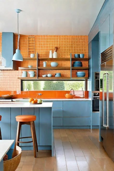 Teal And Orange Interior, Blue Orange Kitchen Ideas, Orange Blue Kitchen, Small Colourful Kitchen, Blue Kitchen Color Schemes, Teal Blue Kitchen Cabinets, Orange And Blue Interior Design, Orange And Blue Interior, Orange And Teal Kitchen