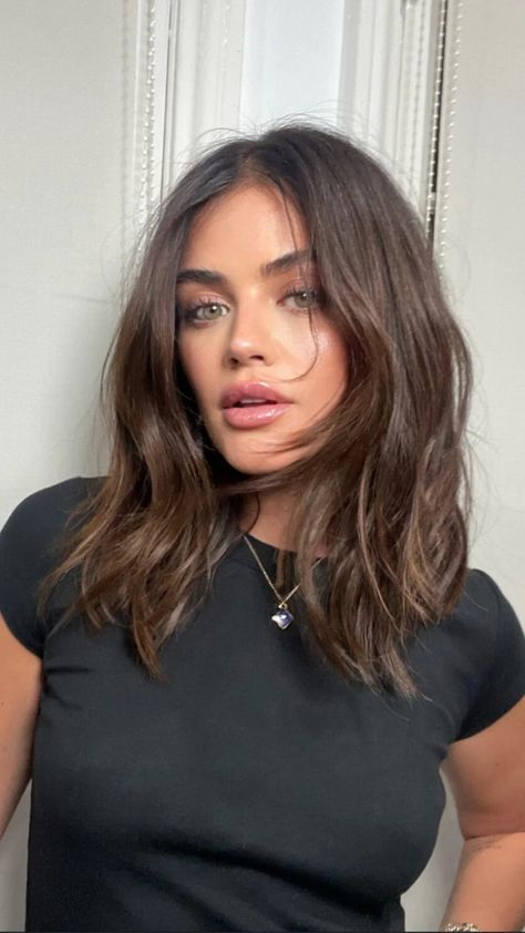 Bob Haircuts For Women Dark Hair, Layered Bob Hairstyles Dark Hair, Lucy Hale Mid Length Hair, Should Length Shag Hair, Lob With Round Face, Haircuts After Breakup, Collarbone Length Hair Oval Face, Medium Length Bob Thick Hair, Color Bone Length Hair With Curtain Bangs