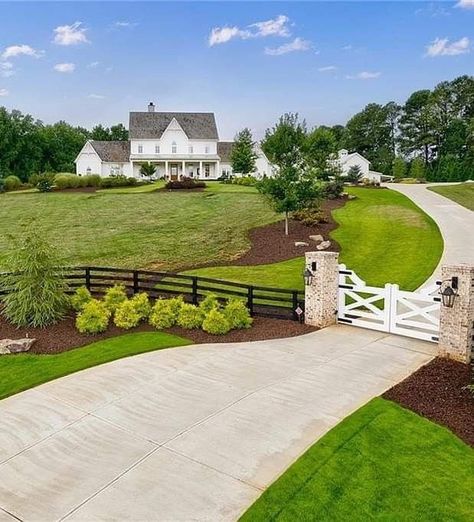 Farm Gates Entrance, Sophisticated Farmhouse, Barn Pool, Canton Georgia, Driveway Entrance Landscaping, Farm Entrance, Dream Farmhouse, Farm Gate, Driveway Landscaping