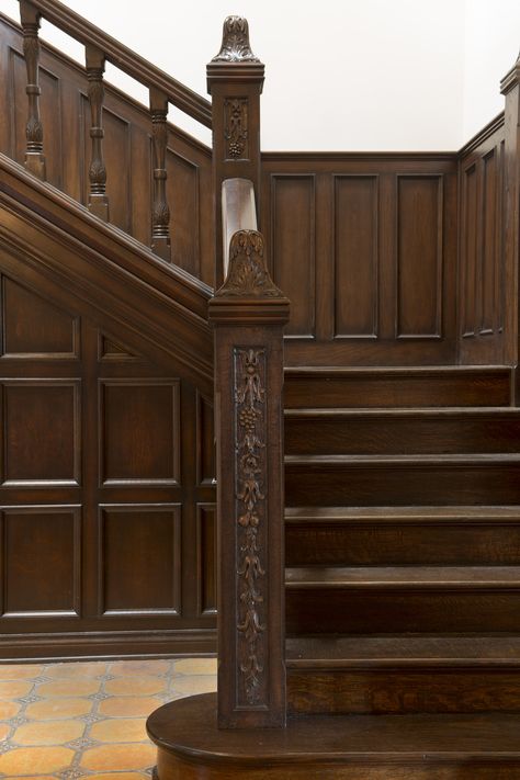 Dark Wooden Stairs, Tudor Interiors Modern, English Staircase, Tudor Paneling, Tudor Ceiling, Modern English Tudor, Tudor Interior, Walnut Staircase, Cottage Staircase