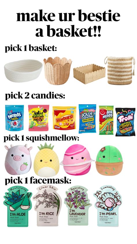 make ur bestie a basket! pt 1 Homemade Birthday Gifts, Making A Gift Basket, Best Gift Baskets, Birthday Presents For Friends, Preppy Gifts, Holiday Baskets, Birthday Basket, Cool Gifts For Teens, Cute Birthday Ideas