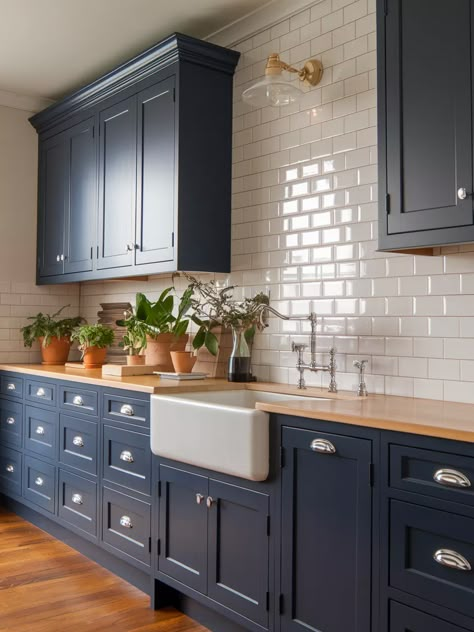 27 Navy Blue Kitchen Cabinets – Your Motor Geek Blue Cabinets Kitchen Butcher Blocks, Navy Cabinets With Backsplash, Small Kitchen Cabinets To Ceiling, Kitchen Ideas Navy Cabinets, Blue Country Kitchen Rustic, Blue Kitchen Cabinets Brass Hardware, Kitchen Backsplash Navy Cabinets, Kitchen Ideas Blue Backsplash, Blue Kitchen Cabinets With Wood Counter