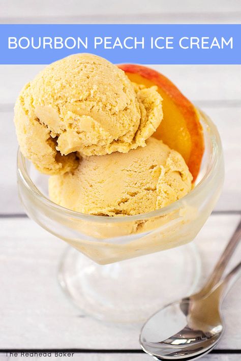 Bourbon adds a great flavor to peaches, which are roasted to bring out even more complex flavors. The peaches are then pureed and incorporated into a brown sugar ice cream base. Egg Free Ice Cream Recipe, Pear Ice Cream, Peach Frozen Yogurt, Peach Ice Cream Recipe, Coconut Dessert, Peach Ice Cream, Perfect Peach, Brownie Desserts, No Churn Ice Cream