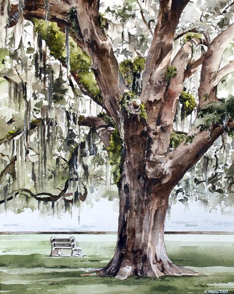 Oak Tree Painting, Southern Live Oak, Travel Sketching, Oak Art, Southern Art, Louisiana Art, Tree Watercolor, Live Oak Trees, Barn Painting