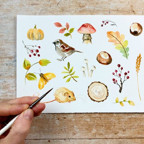 Cosy up with thie fall favourite. Easy autumn woodland watercolour illustrations tutorial. Click the link to paint with me! #watercolor #autumn #woodland Fall Watercolour Tutorials, Autumn Watercolor Tutorial, Fall Watercolor Paintings Easy, Watercolor Illustration Tutorial, Autumn Painting Ideas, Fill A Journal, Fall Watercolor Paintings, Fall Watercolor Art, Autumn Watercolour