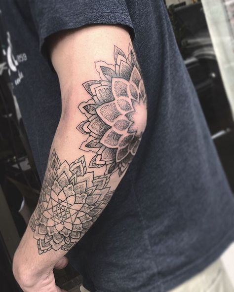 Geometric Tattoo Elbow, Traditional Mandala Tattoo, Tattoo Elbow, Half Mandala Tattoo, Inner Elbow Tattoos, Christian Sleeve Tattoo, Geometric Mandala Tattoo, Elbow Tattoos, Skeleton Hand Tattoo