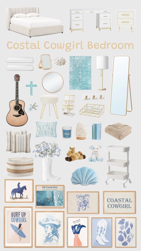 Costal Granddaughter Room Aesthic, Beachy Teen Bedroom, Penelope Aesthetic, White And Blue Room, Costal Life, Cowgirl Bedroom Decor, Beach Aesthetic Room, Beachy Dorm Room, Beach Theme Room