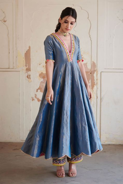 Blue Anarkali Dress, Editorial Aesthetic, Dress Editorial, Velvet Anarkali, Red Silk Top, Draping Styles, Suits Indian, New Outfit Ideas, Different Types Of Dresses