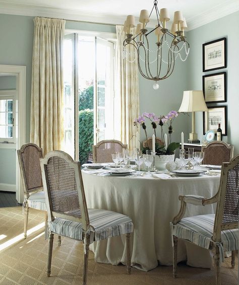 Duck egg blue dining room with beautiful cane backed chairs. by Anne Hepfer Designs - BWE Duck Egg Blue Dining Room, Modern French Country Dining Room, French Country Dining Room Table, French Country Dining Room, Dining Room French, Dining Room Blue, Country Dining Rooms, French Country Dining, Real Estat