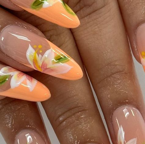 @glammedwithjulia on Instagram: "feeling all the spring vibes 🍊🪷  inspo: pinterest   #orangenails#frenchtips #springnails#springnailinspo#nailinspo #sfvnailtech#sfv almondnails#gelxnails#gelxnailtech #sfvnailtech #sfvnails#nailartist#nailtutorial #nailart#handpaintednailart#3dnailart #losangelesnailtech#chromenails#explore" August Nails Almond Shape, Tiger Lily Nails, Cuba Nails, Orange Yellow Nails, Hawaii Nails, Lily Nails, August Nails, Tropical Nails, Fantasy Nails