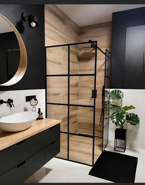 White Black And Wood Interior Design, Laundry Bathroom Ideas, Black And White Toilet, Black And Wood Bathroom, Bathroom Black And White, Modern Bathroom Trends, Black White Bathroom, Shower Black, Bathroom Design Decor