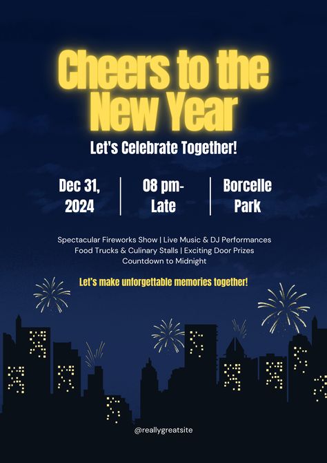 Raise a toast to the New Year in style! Our bold black, blue, and yellow event poster is the perfect way to announce your celebration. With a clear and easy-to-read design, it's never been simpler to invite everyone to join the fun. Let's make this New Year's Eve unforgettable! New Years Eve Poster, Cheers To New Beginnings, Cheers To The New Year, Event Poster Template, To New Beginnings, Learn Photo Editing, Fireworks Show, Event Poster, New Year Celebration