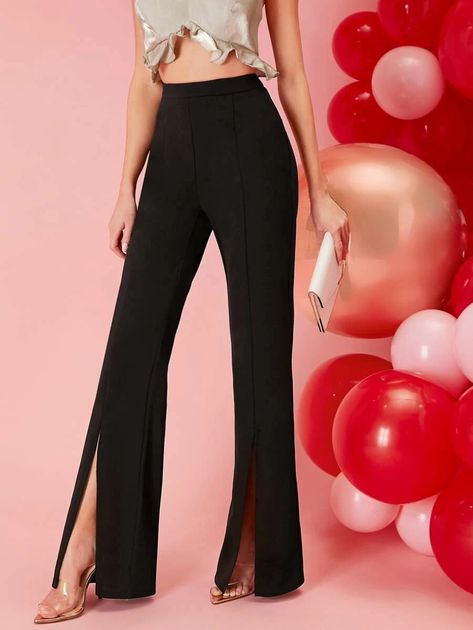 Zipper Side Split Front Flare Leg Pants | SHEIN USA Sleek Outfit, Hijab Dress Party, Streetwear Summer, Flare Leg Pants, Type Of Pants, Classic Outfits, Side Split, Western Outfits, Outfits Casuales