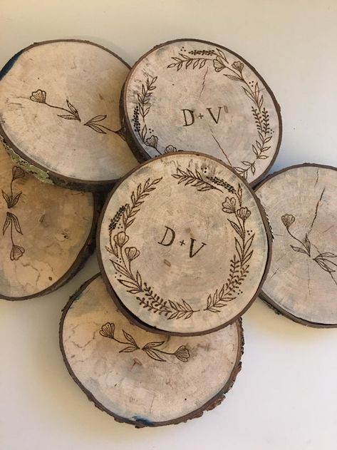 Wood Burning Designs Wedding, Wood Burning Initials, Romantic Wood Burning Ideas, Woodburn Wedding Gift, Wedding Wood Burning Ideas, Wedding Wood Burning, Wedding Pyrography, Wood Burning Wedding Gift, Wood Burn Coasters