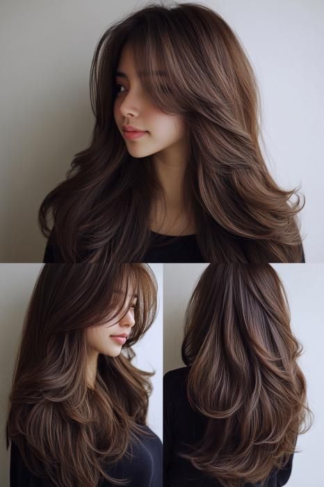 33 Effortless Long Layered Haircuts with Side Bangs Layered Haircuts With Side Bangs, Layered Hair With Side Bangs, Haircuts With Side Bangs, Long Layered Hair With Side Bangs, Volume Haircut, Hair With Side Bangs, Long Hair With Layers, Blonde Layered Hair, Long Layered Cuts