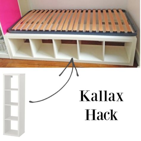 Kallax hack for a platform bed. #kallaxhacks #ikeahack #platformbed #kallax #bedroomdesign #diy Ikea Bed Hack, Cama Ikea, Diy Storage Bed, Ikea Kallax Shelf, Ikea Kallax Hack, Kallax Shelf, Diy Platform Bed, Bed Platform, Ikea Shelves