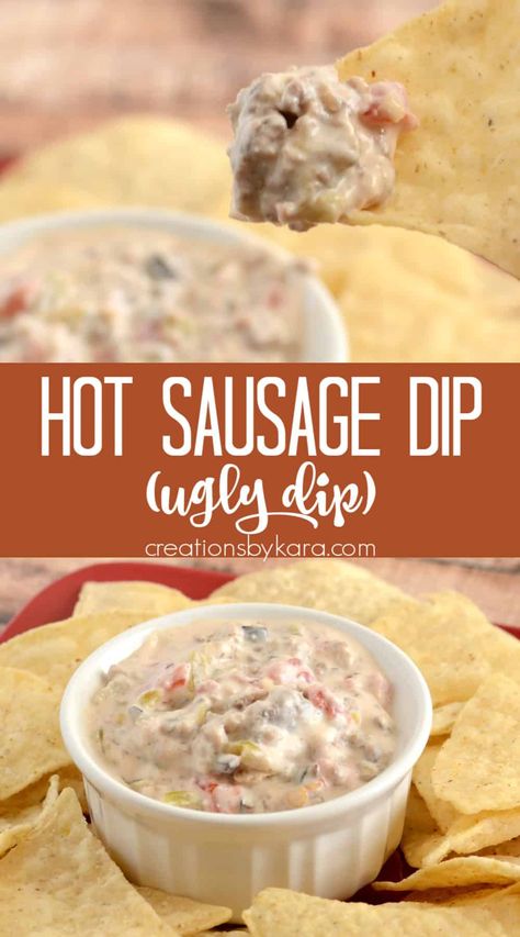 Sausage Dip Crockpot, Ugly Dip Recipe, Ugly Dip, Hot Sausage Dip, Best Chip Dip, Sausage Dip Recipe, Sausage Dip, Crock Pot Dips, Spicy Dip