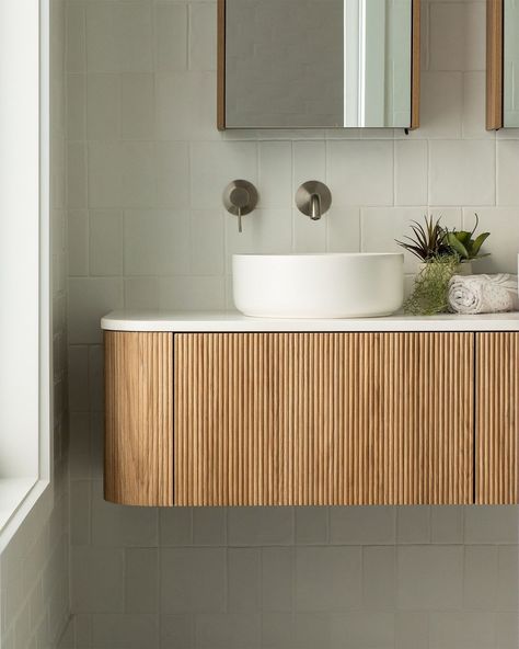 Coastal Oak, Curved Wall, Drawer Lights, Stone Countertop, V Groove, Inset Basin, Vanity Design, Cabinet Finishes, Curved Walls