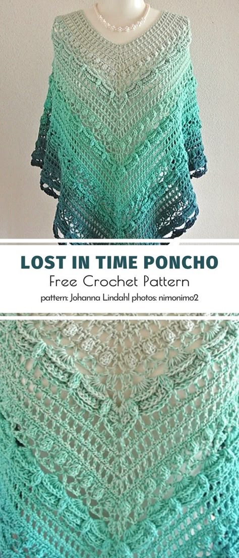 Lost in Time Shawl. With a bit of experience and invention, you can easily transform this timeless shawl into a trendy poncho. Get creative with the pattern, adjust the sizes to suit your needs and enjoy a one of a kind piece of clothing made with your own super skilled hands.  #freecrochetpattern #shawl #lostintime Lost In Time Shawl, Shawl Ideas, Poncho Patterns, Crochet Poncho Free Pattern, Crochet Cape, Poncho Crochet, Knitting Group, Crochet Shawl Pattern, Crochet Shawl Pattern Free