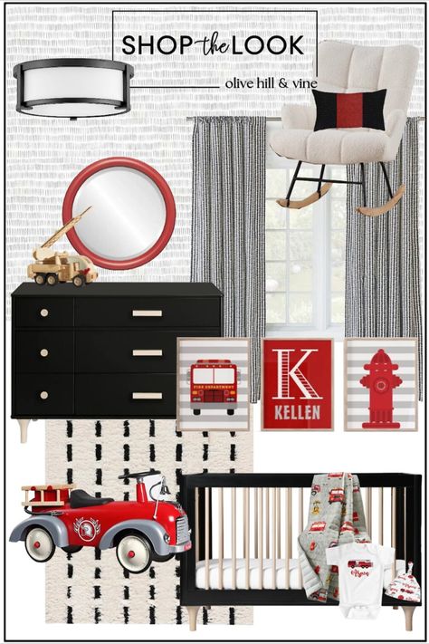 Create a captivating ambiance in your firefighter theme nursery by seamlessly blending pops of red with a sleek black and white color palette. These bold accents of red against a backdrop of classic neutrals will infuse the room with energy and style, igniting a sense of adventure that's perfect for your little one's imagination to take flight. Shop the look at olivehillandvine.com! Red And Black Nursery, Red Nursery Boy, Firefighter Nursery, Grey White Nursery, Fire Truck Nursery, Red Nursery, Grey Nursery Boy, Black Nursery, Firefighter Baby