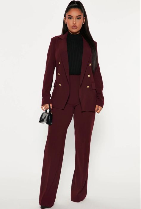 Women Formal Blazer Outfit, Fashion Nova Business Outfits, University Graduation Suit For Women, Burgundy Work Outfit, Graduation Suits For Women Classy, Burgundy Suit Women Outfit, Female Business Attire, Burgundy Suit Women, Holiday Hairstyles For Black Women