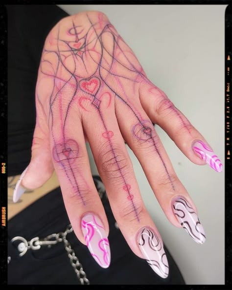 colored hand tattoo inspiration Purple Hand Tattoo, Trippy Red Tattoos, Red And Purple Tattoo, Pink Tattoo Healed, Hand Tattoos Colorful, Hyperpop Tattoo, Pink Sleeve Tattoo, Trippy Hand Tattoos, Neotribal Tattoo Design Hand