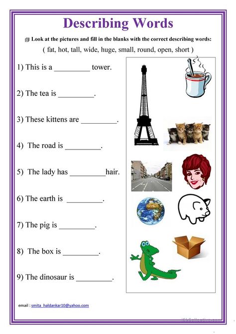 Describing words - English ESL Worksheets Pictures To Describe In English, Describing Words Worksheet, Eng Grammar, Advance English, Tinkerbell Pictures, Words Worksheet, Worksheets For Class 1, English Grammar For Kids, English Adjectives