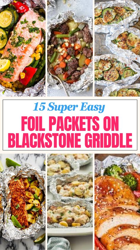 Try these easy and quick foil packet meals on Blackstone Grill. 
These foil packets are perfect for dinner, lunch, or any camping meal this summer. You have many options to choose from potato foil packet, salmon, chicken, fish, veggies and many more. Blackstone Foil Packets, Foil Packets On Blackstone Griddle, Blackstone Grill Meal Prep, Blackstone Grill Fish Recipes, Meals On Blackstone, Grilled Fish In Foil Packets, Easy Foil Packets For The Grill, Blackstone Grill Recipes Easy, Blackstone Camping Meals