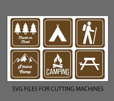 Listing for design files. SVG files for Camping Sign  This is NOT a physical product, these are digital files for manufacturing products on a laser machine. Please check instructions for digital file download: https://www.etsy.com/help/article/3949 After payment you will receive an archive with vector files of SVG format. I authorize the use of these files to create a free end product or product for sale for the production of goods for sale, personal and contracted client projects and resources in multiple projects. You may not share, redistribute, sublicense or share this file and pictures or any part of this file and pictures in any way. Copyright non-transferable with sale. You may not resell work created from our resources in a way that is seen to compete directly with the original pro Camping Trunk Or Treat, Trunk Or Treat Decor, Trunker Treat Ideas, Camp Trunks, Floral Table Numbers, Camping Signs, Camping Theme, Trunk Or Treat, Wedding Topper