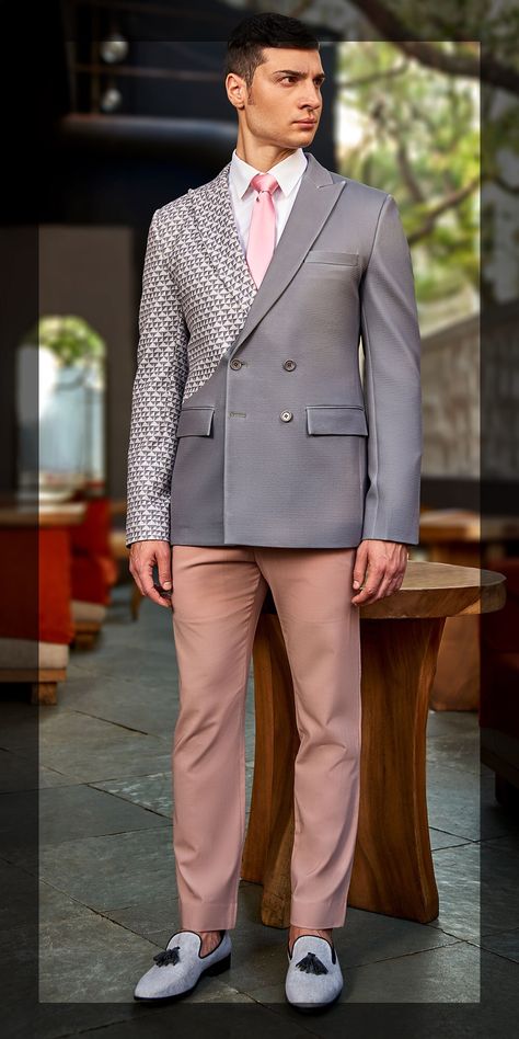 The double-breasted suit mixed with handmade patterns and fresh summer shades exemplifies the edgy and bold choices for the contemporary gentleman. #SSHOMME #SSHOMMESSentric #SSQUARED #Suits #Tuxedo #Jacket #MensFashion #Quirky #Menswear  Photographer: Mayank Mudnaney Photography  Location courtesy: The Korner House                 HMU: SS Beaute Formal Blazer For Men, Mens Tailoring, Suits Tuxedo, Costume Unique, Blazer Design, Indian Wedding Clothes For Men, Blazers Casual, Jogging Pants Men, Old Man Fashion