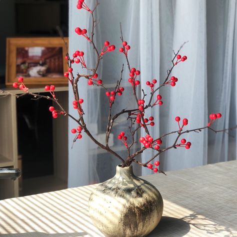 Burgundy Berry Branch Plant For Living Room, Poppy Flower Drawing, Holly Ornament, Burgundy Decor, Living Room Arrangement, Chinese New Year Flower, Vase With Branches, Berry Branch, Hair Salon Interior