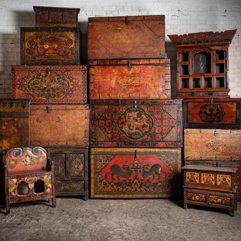 Did you know we hold the best collection of antique Tibetan furniture currently for sale in the UK? Over the years we've held some incredible pieces and we've sold various published examples from seminal books on Tibetan furniture. Two of the chests in these photos can be found in Buckley's book mentioned below. There are four main books I would recommend to enthusiasts & collectors: - 'Tibetan Furniture: Identifying, Appreciating, Collecting' by Chris Buckley - 'Auspicious by Design' by Cami... Patina Modern, Tibetan Furniture, Explorer Style, Tibetan Symbols, Tibetan Culture, Antique Chinese Furniture, Stone And Wood, Antique Chest, Chinese Furniture