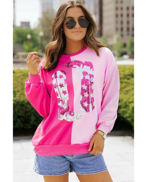 Pink Sequin Cowgirl Boot Sweatshirt https://shop.classicteenclothing.com/products/pink-sequin-cowgirl-boot-sweatshirt Cowgirl Boots Graphic, Nashville Outfit, Strapless Sundress, Chic Sweatshirt, Sequin Boots, Western Clothes, La Girl, Crop Top Shirts, Cow Girl