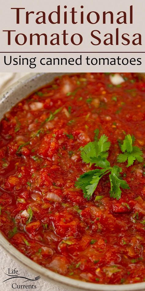 a large bowl of tomato salsa garnished with cilantro leaves, title on top: Traditional Salsa Recipe using canned tomatoes. Salsa With Crushed Tomatoes, Salsa From Canned Diced Tomatoes, Salsa Recipe Using Canned Tomatoes, Traditional Salsa Recipe, Mild Salsa Recipe, Hot Salsa Recipes, Salsa With Canned Tomatoes, Canned Tomato Recipes, Canned Salsa Recipes