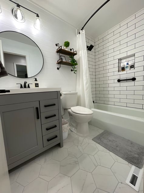 Farmhouse, subway, bathroom, white, gray, hexagon tile Small Bathroom Reno, Small Bathroom Renos, Small White Bathrooms, White Subway Tile Bathroom, Farmhouse Gray, Guest Bathroom Renovation, Gray And White Bathroom, Cheap Bathroom Remodel, Guest Bathroom Remodel