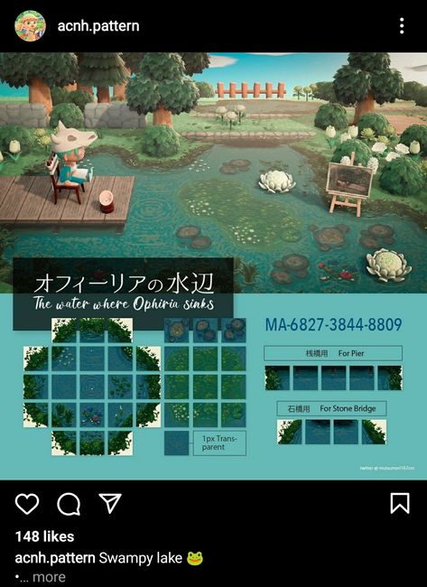 Acnh Moon Rug Design Code, Acnh Lake Design Code, Acnh Lagoon Design, Water Animal Crossing Code, Pond Code Animal Crossing, Water Codes Animal Crossing, Animal Crossing Swamp Codes, Pond Path Acnh, Swampcore Acnh Codes