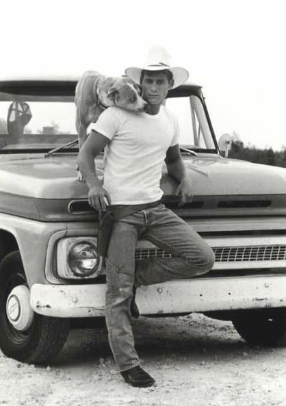 .  An old truck, dusty jeans, t-shirt, cowboy boots, Cowboy and his dog. Cowboy Photography, Real Cowboys, Cowboy Up, Men Photography, Man And Dog, Black White Photography, Country Men, Country Boys