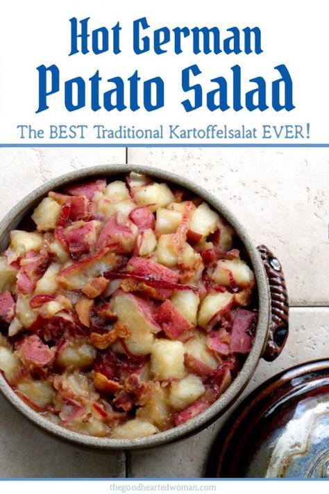 Hot German Potato Salad Recipe (Kartoffelsalat} | The Good Hearted Woman German Inspired Food, German Dishes Traditional, German Potato Recipes, Hot German Potato Salad, Easy German Recipes, German Potato Salad Recipe, Potatoe Salad, German Dishes, German Food Authentic