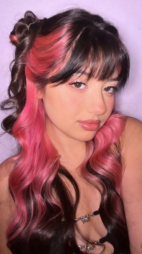 Pink Hair Black Tips, Pink Dyed Bangs, Pink Halo Hair, Black Hair Pink Highlights, Black Hair Fringe, Pink Hair Streaks, Miranda Rae, Anime Hair Color, Cool Hair Designs