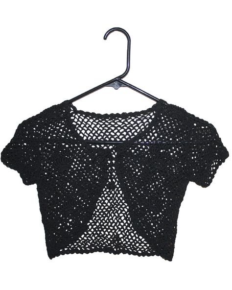 Crocheted Black Womens Bolero- one size fits most - 11.5" x 14" $10.00 at https://www.facebook.com/kuyajers Black Lace Crochet Top For Party, Gothic Crochet Top Pattern, Black Crochet Shrug, Black Bolero Crochet, Knitted Clothes For Women, Crochet Bell Sleeve Bolero, Knitted Clothes, Crochet Bolero, Black Crochet