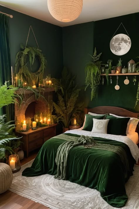 Forest Green Home Aesthetic, Virgo Room Decor, Witchy Forest Bedroom, Interior Witch House, Witchy Bedroom Inspirations, Whimsigoth Bedroom Green, Fairy Aesthetic Home Decor, Shroom Room Aesthetic, Interior Design Witchy