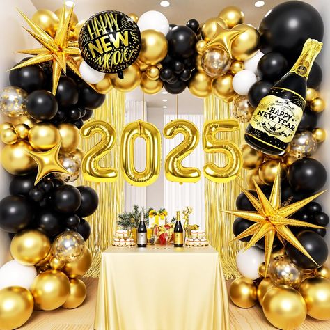 2025 New Year's balloon arch kit! Includes gold curtains, foil & latex balloons, ribbon, glue dots. Easy setup for festive NYE décor. Reusable! Dinner Gift Ideas, Wall Decorations Ideas, New Year's Eve Backdrop, Nye Decorations, 2024 Number, Gold Wedding Cakes, Black Party Decorations, Champagne Balloons, Gold Birthday Decorations