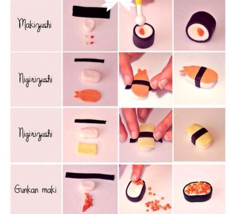 Clay sushi Crea Fimo, Polymer Clay Kawaii, Tanah Liat, Polymer Clay Diy, Cute Polymer Clay, Polymer Clay Miniatures, Clay Food, Clay Miniatures, Clay Jewelry Diy