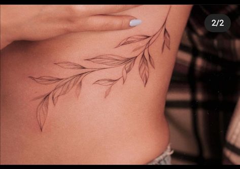 Vine On Ribs Tattoo, Rib Vine Tattoos For Women, Botanical Ribcage Tattoo, Lower Torso Tattoos For Women, Vine Tattoo Side Ribs, Leaves Hip Tattoo, Wrap Around Rib Tattoo, Leaf Tattoo Ribs, Plant Rib Tattoo