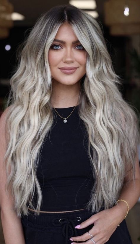 Light Blond With Darker Roots, Shadow Root Blonde Long Hair, Long Blonde Hair Root Smudge, Smoky Roots Blonde Hair, Winter Blonde Hair Shadow Root, High Contrast Rooted Blonde, Icey Blonde With Dark Roots, Bright Blonde Root Melt, Icy Ash Blonde Hair With Shadow Root